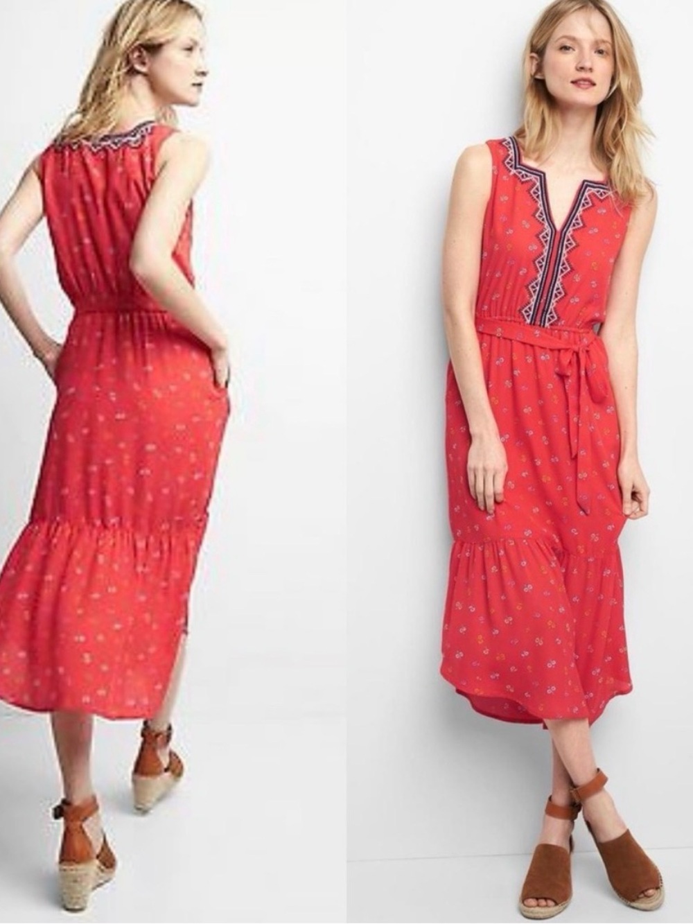 GAP Sleeveless Red Maxi Dress with Embroidered V-Neck